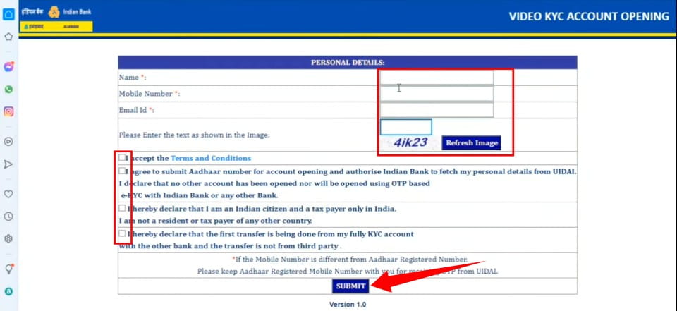 Indian Bank New Account Opening Form